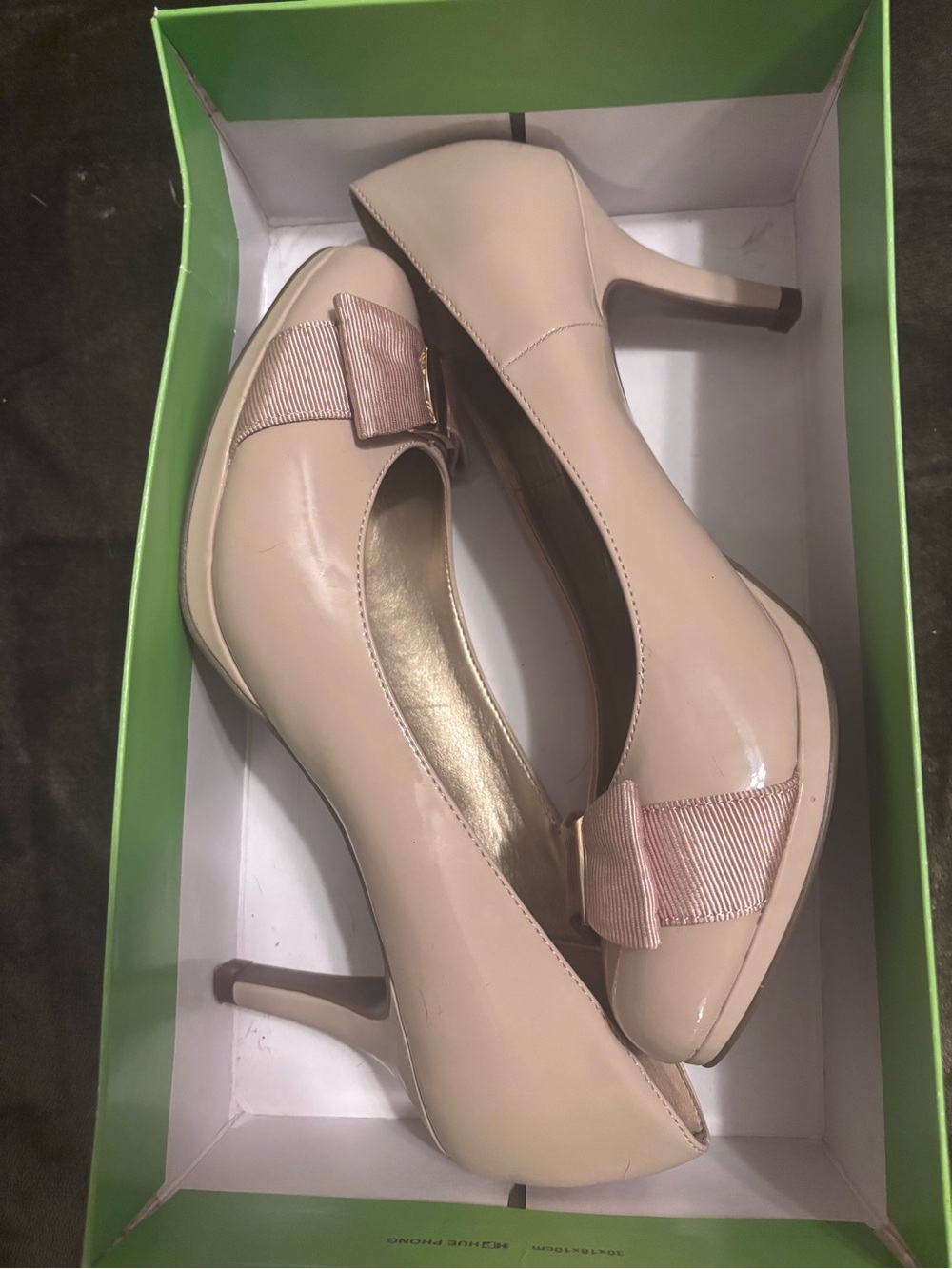 Kelly & Katie Blush Patent Peep-Toe Heels with Bow Accent